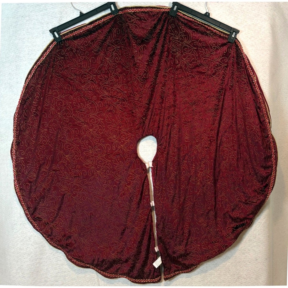 Burgundy Velvet Christmas Tree Skirt 46 Inch Gold Glitter Scroll Holiday Decor - Picture 2 of 4
